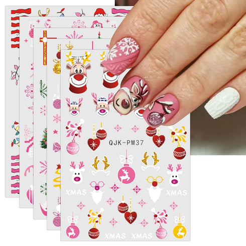 JMEOWIO 10 Sheets Christmas Pink Nail Art Stickers Decals Self-Adhesive Pegatinas Uñas Snowflake Xmas Winter Holiday Cute Elk Nail Supplies Nail A...