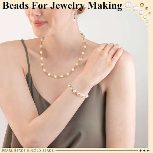 ROADPLUM 1947 Pcs Pearl Beads for Jewelry Making, White and Gold Beads for Crafts with Holes, Gold Filled Beads for Bracelets Making Kit, Multi-Si...