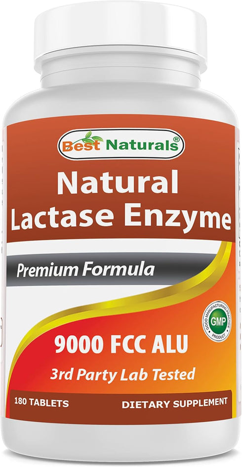 Best Naturals Lactose Intolerance Relief Tablets with Natural Lactase Enzyme, Fast Acting High Potency Lactase, 9000 FCC ALU, 180 Count...