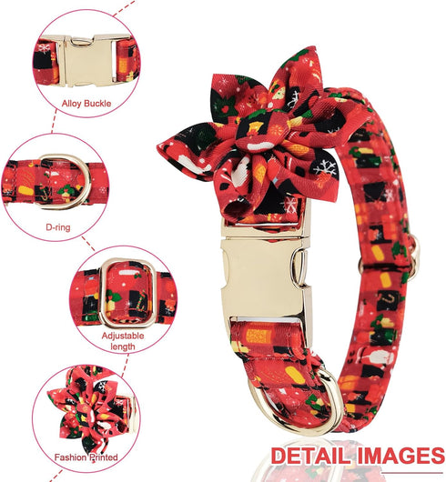 Christmas Dog Collar Bow Flower Tie Santa Stocking Pattern Dog Collar, Comfortable Adjustable Puppy Collars with Secure Metal Buckle for Small Med...