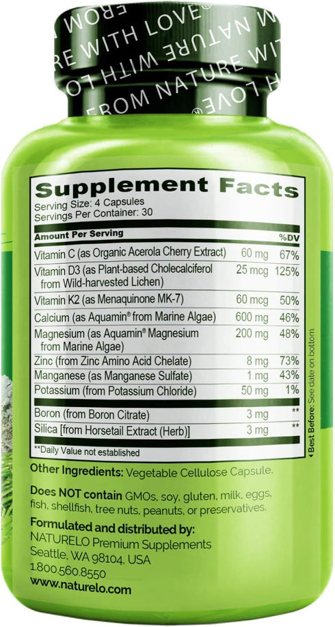 NATURELO Calcium Supplement - Bone Strength with Calcium 600mg, Vitamin D3, K2, C, Magnesium Zinc - Plant-Based, 120 Vegetarian Capsules, Non-GMO,...