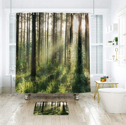 LIGHTINHOME Nature Shower Curtain 72x72 Inch Bright Sunshine Tree Green Leaves Fresh Grass Landscape Woodland Scene Floral Fabric Waterproof Bathr...