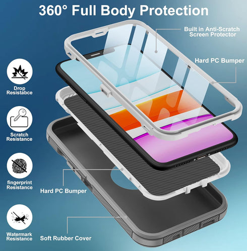for iPhone 11 Case, with Built in Screen Protector Heavy Duty Drop Protection, Full Body Rugged Shockproof Dust Proof 3- Layer Tough Protective Ph...