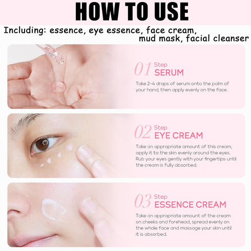 Skincare Gifts For Women,5PCS Cherry Blossom Skin Care Sets & Kits for Dry Skin,Sakura Skin Care Set with Essence,Mud Mask,Facial Cleanser,Eye Cre...