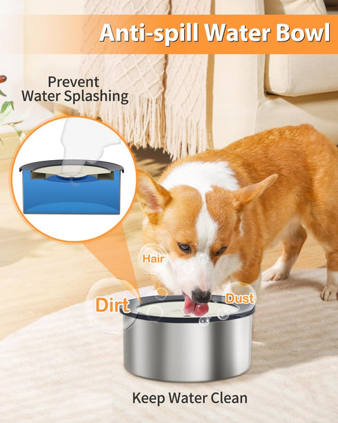 No Spill Water Bowl for Dogs, 2L Large Stainless Steel Slow Drinking Water Dish Dispenser, Fits into Elevated Pet Feeder, Spilling Drip & Splash P...