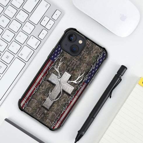 DJSOK Case Compatible with iPhone 15 Plus,H American Flag Antlers Hooks Crosses with Four Corners Shockproof Protection Soft TPU Bumper and Hard P...