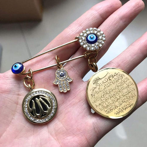 muslim islam AYATUL KURSI Allah Turkish evil eye hamsa hand of fatima Stainless Steel brooch pin...