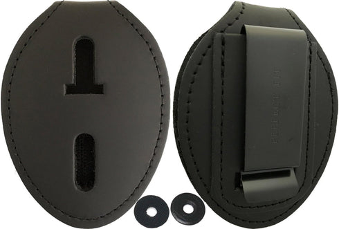 Oval Police Badge Holder Belt Clip - Optional to Use Around The Neck - Black Leather with Badge Polishing Cloth - Perfect Fit USA...