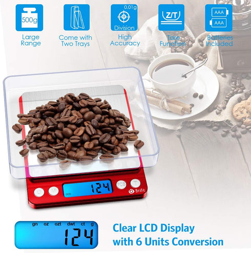 AMIR Upgraded Digital Kitchen Scale, 500g Mini Pocket Jewelry Scale, Cooking Food Scale with Back-Lit LCD Display, 2 Trays, 6 Units, Auto Off, Tar...