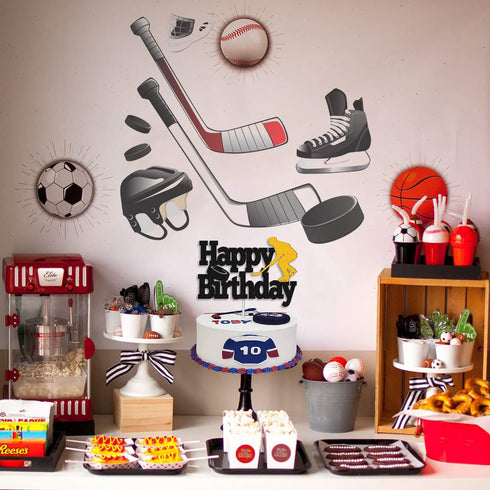 Hockey Cake Topper Hockey Player Figurines Happy Birthday Cake Decor for Kids Boys Girls Ice Hockey Sport Themed Party Supplies Black Sparkle Deco...