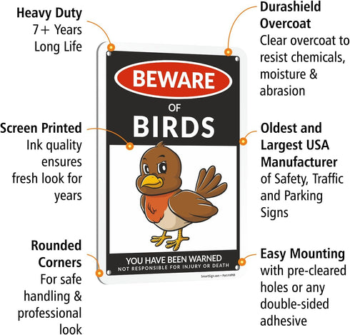 SmartSign Funny Beware Of Birds Warning Sign - 10"x7", 40 mil Laminated Rust-free Aluminum - Metal Signs for Wall Decor, Outdoors, Garden, Patio, ...
