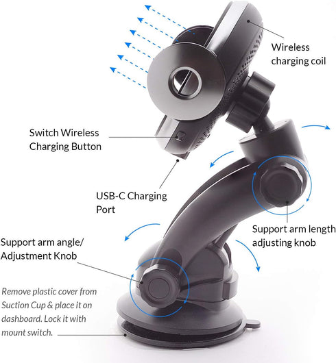 Wireless Car Charger, 15W Fast Charging Vent Charging Phone Holder Smart Sensor Cradle, Auto-Clamping Car Mount, Dashboard, for iPhone 14 13 12, S...