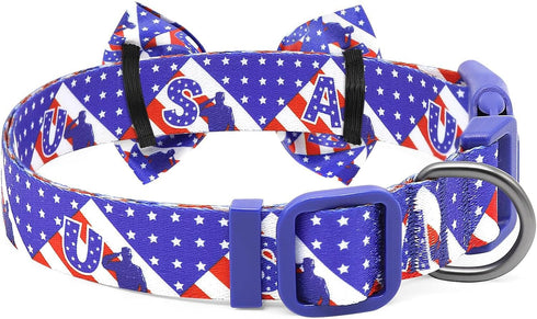 BiPawTi American Flag Dog Collar with Bowtie, 4th of July Dog Collar Holiday Pet Gift, Blue Pride Patriotic Dog Collar, USA Dog Collar for Indepen...