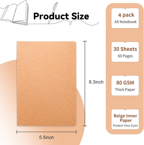 4 Pcs Blank Kraft Notebooks, 8.3x5.5 Inches A5 Small Journals Bulk Blank Notebooks 80 GSM Unlined with 60 Pages for Kids Students School Office Tr...
