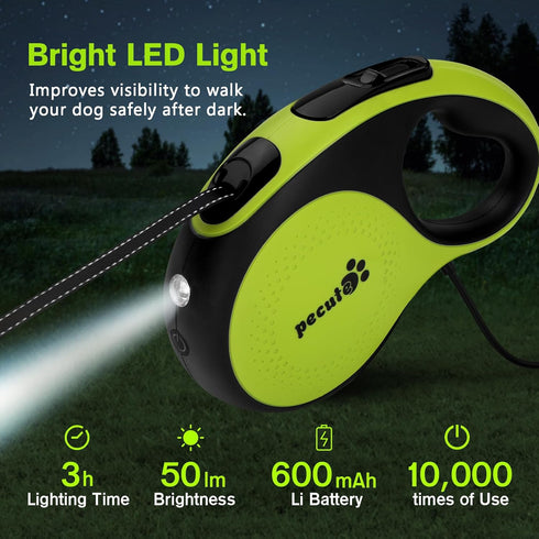 Pecute 16 ft Retractable Dog Leash with Light Rechargeable, Dog Leash Retractable to 66lbs, 360° Tangle-Free, Nylonup Leash, One-Button Control, R...