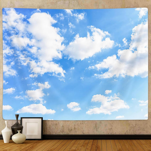 Light Blue Wall Decor Tapestry Blue Sky White Clouds Natural Landscape Tapestries Wall Art Hanging, Summer Sunny Peace Nature Aesthetic Tapestry f...