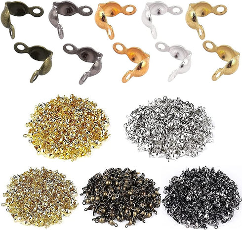 500 Pieces Crimp Beads Calotte Ends Knot Covers for DIY Bracelet Jewelry Making, 5 Colors Clamshell Fold-Over Metal Plated Open Bead Tips Endcaps...