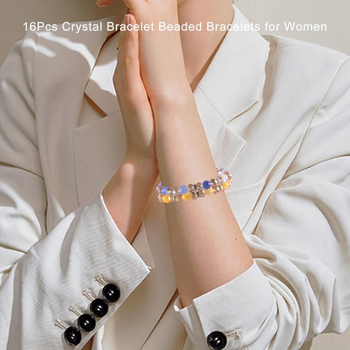 PIPITREE 16PCS Crystal Bracelet Beaded Bracelets for Women, Colorful Stackable Stretch Beads Bracelets Healing Crystals Rhinestone Spacers Anxiety...