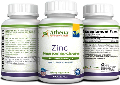 Athena - Zinc Supplement Tablets 50mg - Oxide/Citrate - 100 Coated Tablets...