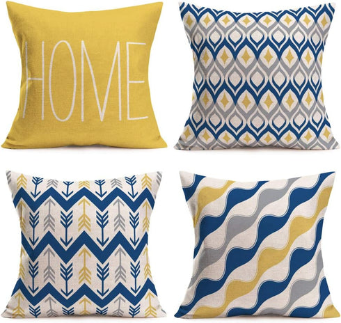 Fukeen Home Geometric Set of 4 Throw Pillow Covers Modern Accent Decorative 18x18 Inch Blue Yellow Grey Arrow Stripes Wave Abstract Pattern Pillow...