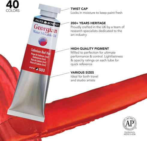 Daler Rowney Georgian Water Mixable Oil Paint Cadmium Red Hue 37ml Tube - Art Paints for Canvas Paper and More - Oil Painting Supplies for Artists...