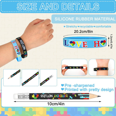 Whaline 24 Pack Autism Awareness Pencils Bracelets Sets Inspirational Silicone Wristbands Short Pencils Colorful Half Pencils Stretchy Bracelets f...