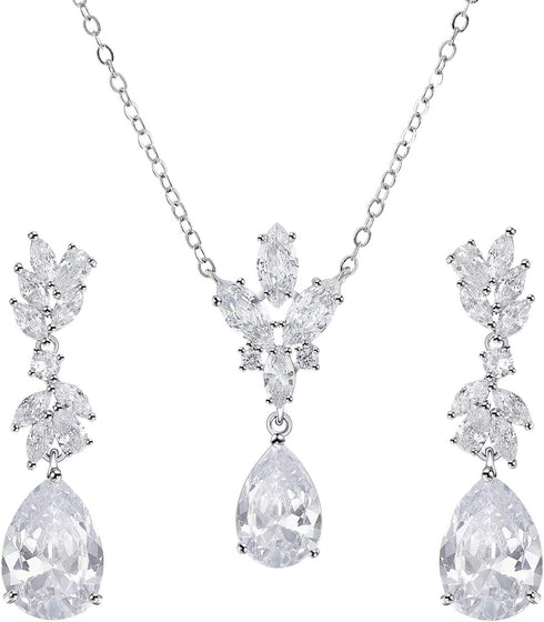 SWEETV Wedding Jewelry Sets for Brides Bridesmaid,Cubic Zirconia Teardrop Bridal Necklace Earrings Set Wedding Prom Jewelry for Women...