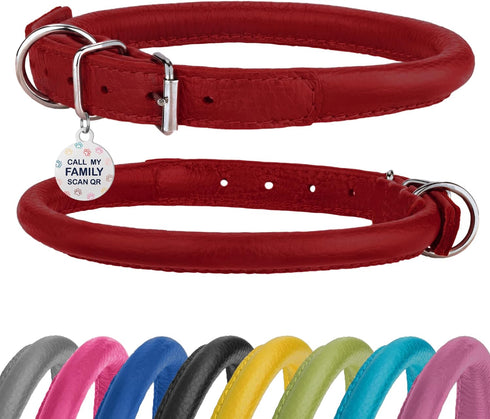 Rolled Leather Dog Collar Soft Round Collars, ID Tag for Small Medium Large Dogs Rose Green (16-20 inch, Imperial Red)...