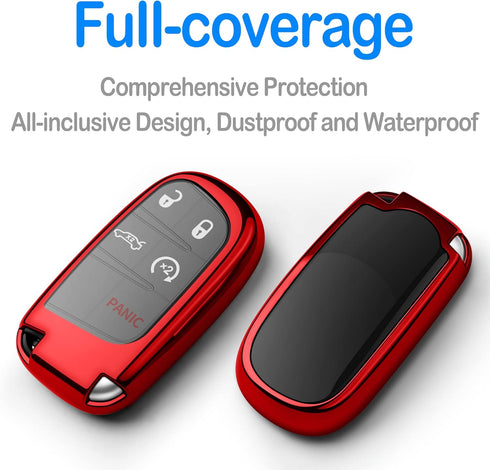 Compatible with Jeep Key Fob Cover with Leather Keychain Soft TPU Protection Key Case for Grand Cherokee Renegade Chrysler 200 300 Dodge RAM Duran...