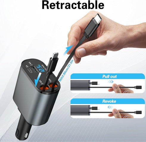 Retractable 3 in 1 Car Charger, Three in one Fast Car Phone Charger, Compatible USB C(Type-C)/Micro USB/Phone, Compatible with IP/Android/Tablets...