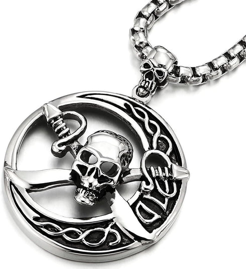 COOLSTEELANDBEYOND Stainless Steel Large Circle Pirate Skull Pendant Necklace for Men, 30 in Chain, Gothic Tribal...