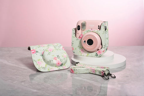 Yoption Instant Camera Case Compatible with Instax Mini 12/11/9/8/8+, PU Leather Camera Bag with Pocket and Adjustable Shoulder Strap (Green Flora...
