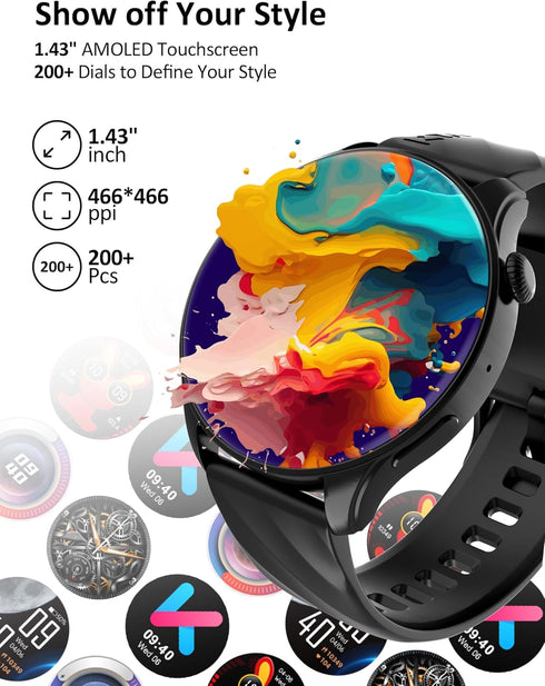 Kumi Smart Watch for Men, 1.43'' AMOLED Smartwatch, 24h Heart Rate Monitor, Sleep Monitor, 100+ Sport Modes, IP68 Waterproof Activity Tracker and ...