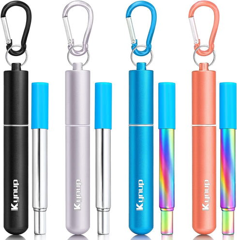 Kynup Reusable Straws, 4Pack Collapsible Portable Metal Straw Reusable Foldable Stainless Steel Drinking Travel Telescopic Straw with Case, Clean ...