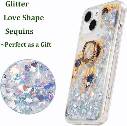 Glitter Case with Ring Holder Compatible with iPhone 15 Glitter Case Clear Ring Holder Kickstand Soft TPU Bling Girly Women Cute Liquid Holiday Ca...