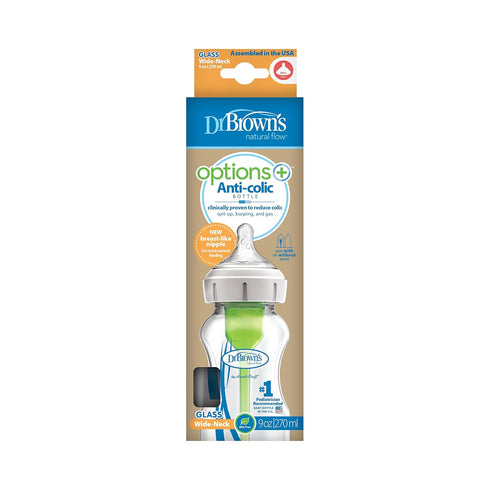 Dr. Brown's Natural Flow Anti-Colic Options+ Wide-Neck Glass Baby Bottle 9 oz/270 mL,with Level 1 Slow Flow Nipple,1 Pack,0m+...