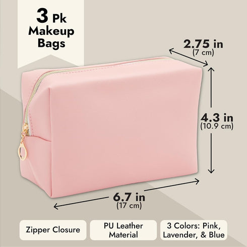 3 Pack Faux Leather Makeup Bag with Zipper, Travel Cosmetic Pouches (3 Pastel Colors)...