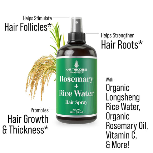 Rosemary Oil + Rice Water Spray For Hair Growth. 4oz Vegan Longsheng Rice Water and Rosemary Oil For Women & Men. Hair Thickening, Moisturizing, S...