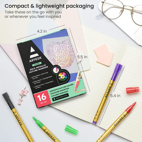 Arteza Double Outline Markers, 16 Colours, Gold Marker Pens, Create Metallic Lines with Vivid Colour Outlines, Work on Cards, Paper, and Canvas...