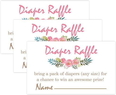 Pink Flowers Diaper Raffle Tickets for Baby Shower Invitation Inserts - 50 Baby Shower Game Cards....