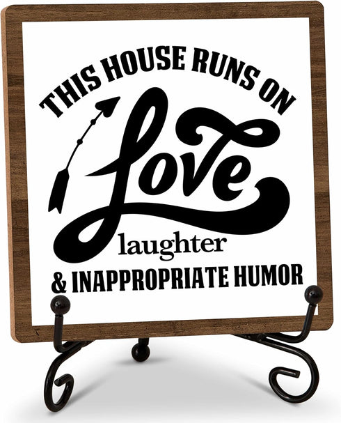 Home Decor Wood Sign, This House Runs On Love Laughter Wood Sign, 5x5IN Wooden Sign Comes With Iron Stand, Perfect For Home Kitchen Tabletop Desk ...