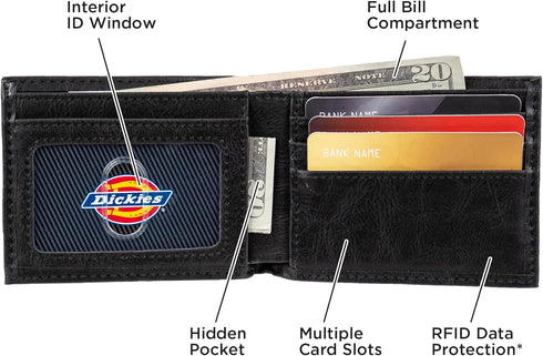 Dickies Men's Bifold Wallet-High Security with ID Window and Credit Card Pockets, Classic Black, One Size...