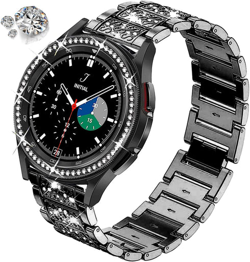 Bands Compatible with Samsung Galaxy Watch 4 Classic (46mm), 20mm Luxury Rhinestone Diamond Metal Steel Bracelet with Watch Face Bezel Ring Case C...