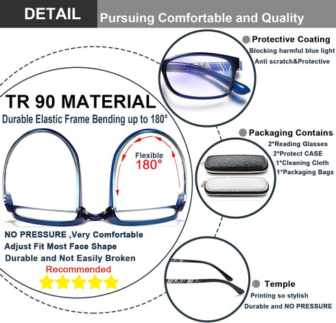 EYEURL Computer Blue Light Blocking Glasses 2 Pack Reading Glasses for Women Men 2.25 Blue Light Blocker Fashion Rectangular Eyeglasses Frame with...