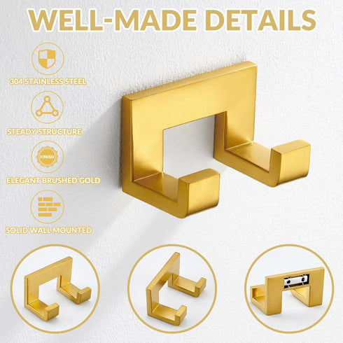 APLusee Brushed Gold Bath Robe Hook, 304 Stainless Steel Double L Shape Coat Hanger, Bathroom Home Accessories...