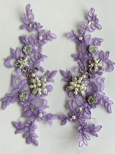 Zbroh Fine Lace Fabric Patches Embroidered rhinestones Trim Applique Decor Dress Decoration sew on sequins beads accessory one pair (light purple)...