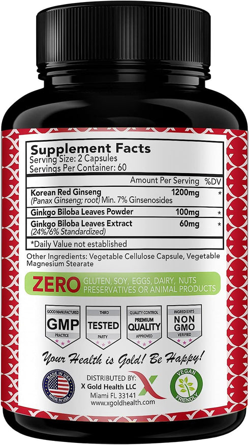 Korean Red Panax Ginseng 1200mg + Ginkgo Biloba -120 Vegan Capsules - High Ginsenosides Extra Strength Root Extract Powder Supplement for Energy, ...