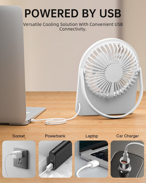 3.5" USB FAN, Strong Wind Ultra Quiet Small Desk Fan Foldable 3 Speeds Adjustable, USB Corded Powered Personal Fan for Home, Office, Desktop, Whit...