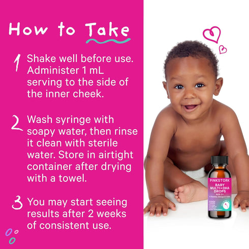 Pink Stork Baby Liquid Multivitamin Drops, Baby & Toddler Vitamin Drops with DHA, Vitamin C, D, B12 and Choline to Support Brain Health and Immune...