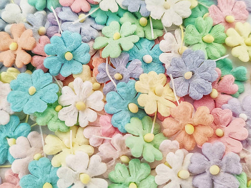 HukDok Mini Flowers with Thread Stem Mulberry Paper Flower Embellishment Card Craft Supplies Scrapbooking DIY Card Crafts Projects. (Pastel Tones)...